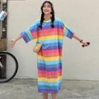 Elbow-sleeve Midi Striped T-shirt Dress