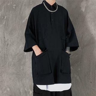 Pocket Detail Elbow-sleeve Half-placket Shirt