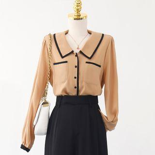 Two Tone Button-up Pocket Chiffon Shirt