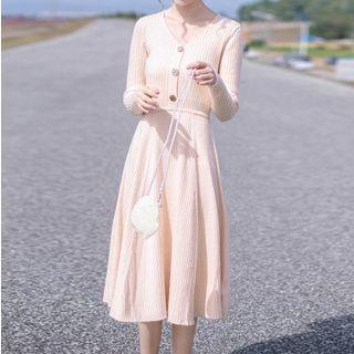 V-neck A-line Midi Rib Knit Dress