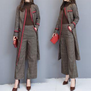 Set: Striped Open Front Long Jacket + Wide-leg Pants