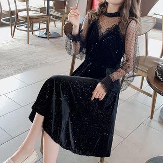 Mock Two-piece Dotted Mesh-sleeve Glitter Midi Dress Black - One Size