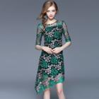 Floral Embroidered Short-sleeve Asymmetric A-line Dress