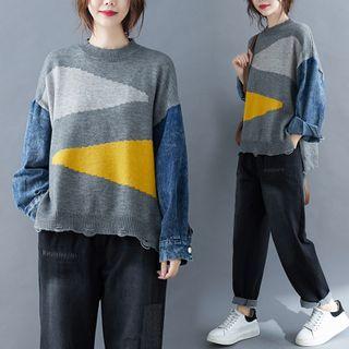 Denim Panel Sweater Gray - One Size