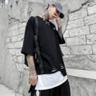 Mock Two-piece Distressed Elbow-sleeve T-shirt