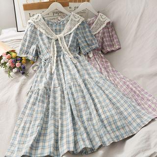 Tie-waist Plaid Midi Dress With Shawl