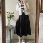 Puff-sleeve Contrast Trim Shirt / Midi A-line Skirt