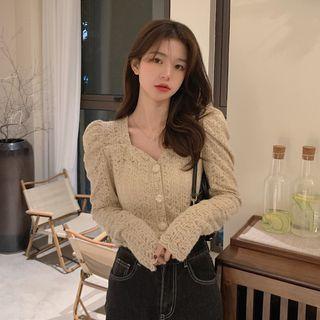 Puff-sleeve Button-up Lace Top Almond - One Size