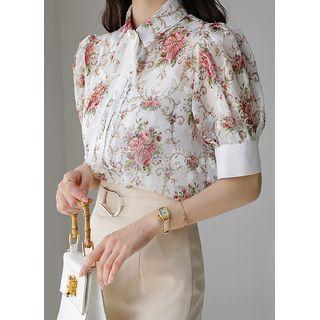 Lace-frilled Jacquard Floral Blouse