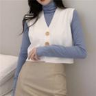 Button-up Knit Vest / Long-sleeve Turtleneck Top