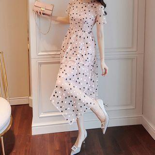 Patterned Short-sleeve Asymmetric Midi A-line Dress