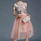 Short-sleeve Embroidered Short Prom Dress