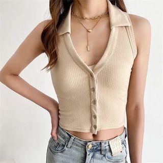 Sleeveless V-neck Button-up Knit Top