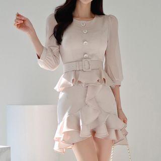 Mock Two-piece Long-sleeve Ruffle Trim Mini Sheath Dress