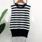 Short Sleeve Mesh Panel Striped Knit Top