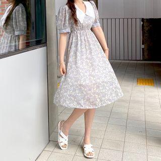 Laced-collar Floral Print Chiffon Dress Mint Green - One Size