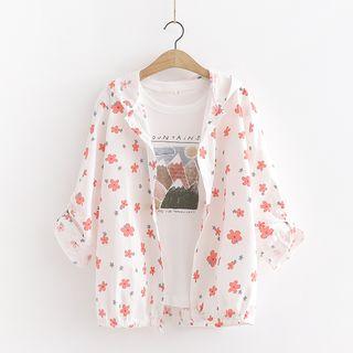 Hooded Floral Print Shirt / Short-sleeve Mountain Print T-shirt