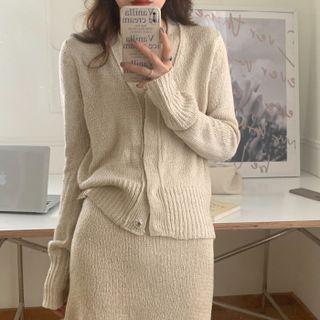Set: V-neck Plain Cardigan + Midi A-line Skirt