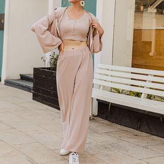 Set: Zipped Jacket + Cropped Tank Top + Wide Leg Pants