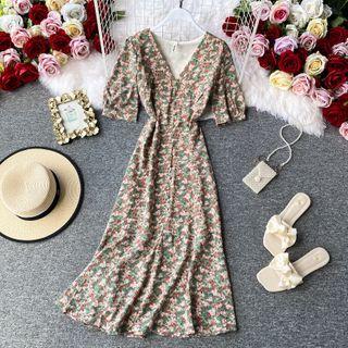V-neck Floral Print Short-sleeve Midi Dress