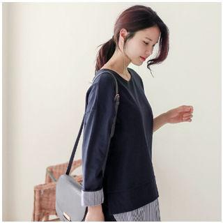 Cuff-sleeve Stripe-trim Top