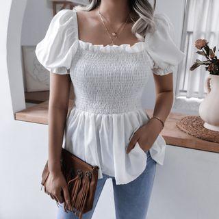 Puff-sleeve Smocked Peplum Blouse