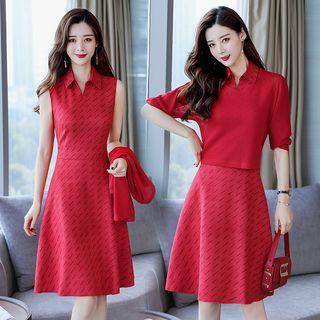 Set: Short-sleeve Top + Sleeveless Patterned A-line Dress