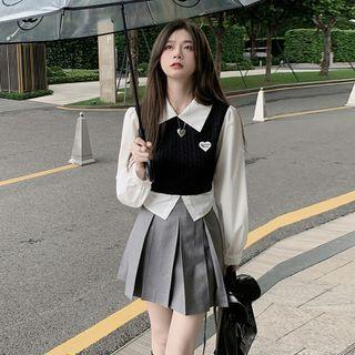 Mock Two-piece Logo Panel Shirt + Pleated Mini Skirt