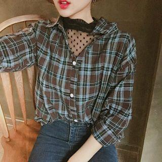 Lace Panel Plaid Long-sleeve Blouse