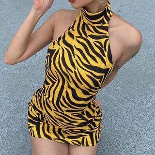 Halter-neck Tiger Print Mini Sheath Dress
