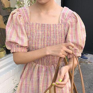 Plaid Puff-sleeve Top As Shown In Figure - One Size