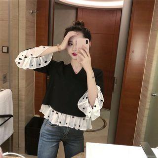 Dot V-neck Loose-fit Top Black - One Size