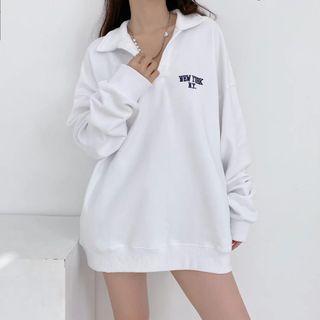 Lettering Polo-neck Loose-fit Sweatshirt White - One Size