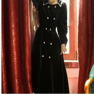 Balloon-sleeve Double-breasted Velvet Midi A-line Dress