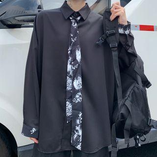 Long-sleeve Pattern Design Shirt Black - One Size