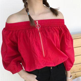 Zip Front Off-shoulder 3/4-sleeve Blouse