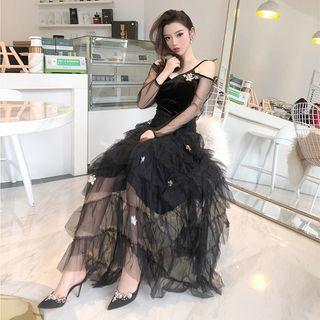 Sequin Long-sleeve Tiered Mesh Prom Dress