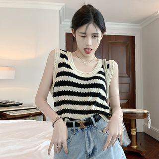 Striped Pointe Knit Tank Top Black & Beige - One Size