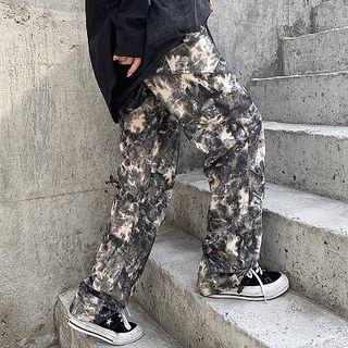 Color-block Tie-dye Loose-fit High-waist Cargo Pants Melange Gray - One Size