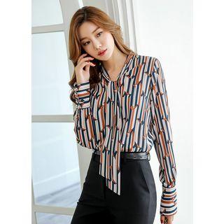 Tie-neck Wide-cuff Patterned Blouse