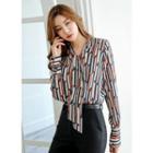 Tie-neck Wide-cuff Patterned Blouse