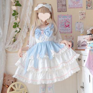 3/4-sleeve Ribbon Layered A-line Dress