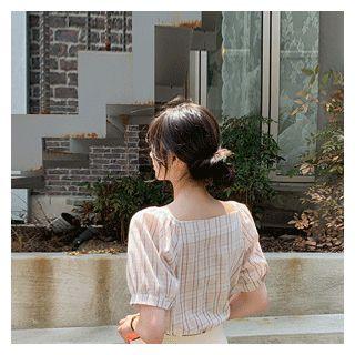 Puff-sleeve Plaid Blouse Beige - One Size