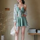 Set: Cutout Lace Trim Swimdress + Light Cardigan