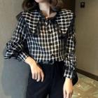 Long-sleeve Wide-collar Lace Trim Check Blouse