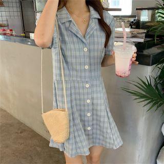 Short-sleeve Plaid Mini A-line Shirt Dress Plaid - Blue - One Size