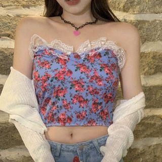Plain Cardigan / Flower Print Tube Top