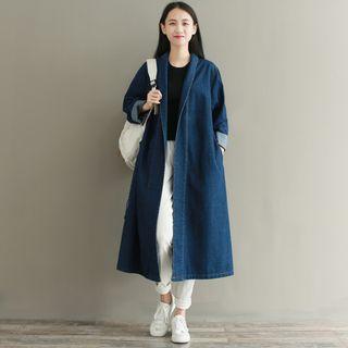 Gather-waist Stitched Denim Long Jacket
