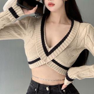 V-neck Crop Knit Top Almond - One Size