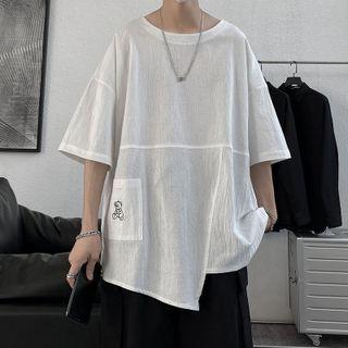 Short-sleeve Bear Embroidered Asymmetric T-shirt